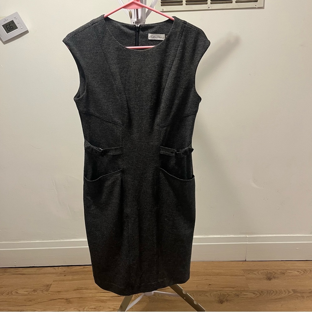 Calvin Klein Dark Gray Tweed Midi Dress size 6 POCKETS